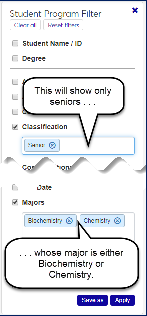 Student Program filter showing an example to restrict the list to seniors whose major is either Biochemistry or Chemistry
