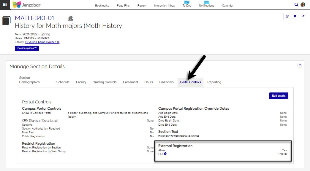 Manage Section Details page, Portal Controls tab.