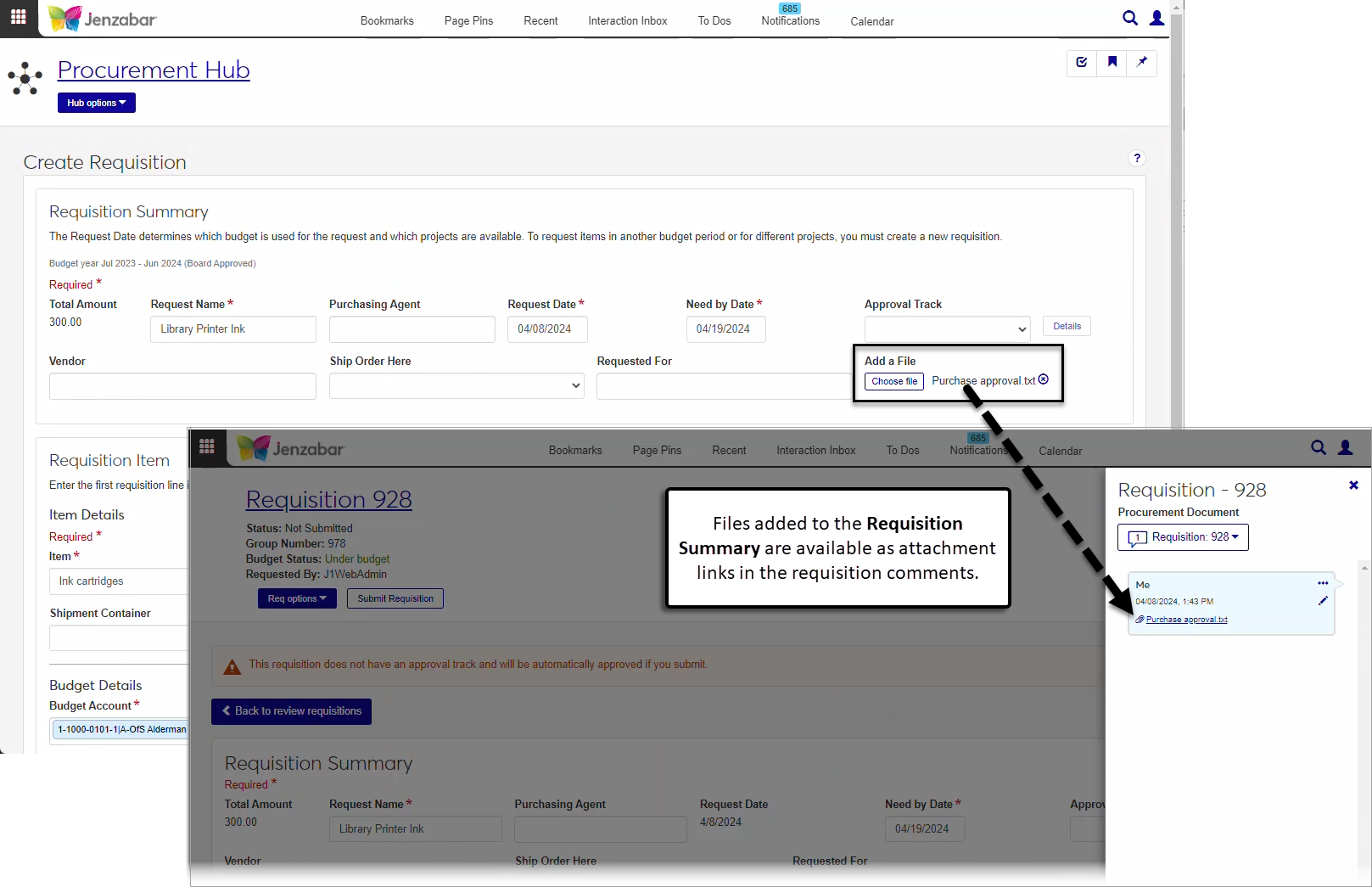 Create Requisition page with a file added to the Requisition Summary. The Requisition Details page highlights where the added file can be viewed in the comments.