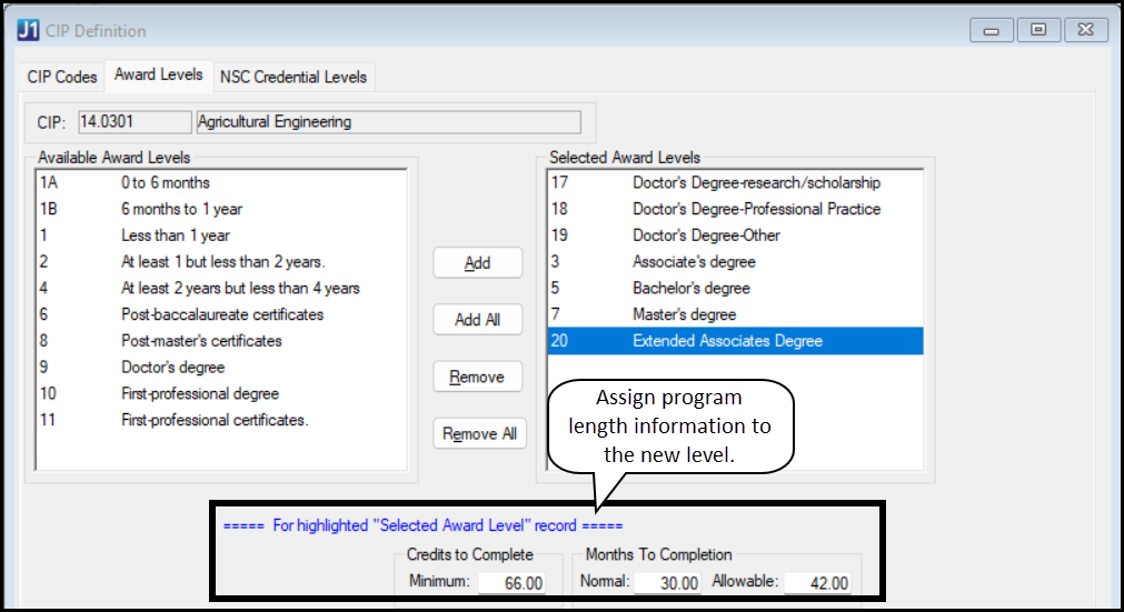 CIP Definition window, Award Levels tab showing a version of the Associate's Degree award level with its own Credits to Complete and Months to Completion (Normal and Allowable)