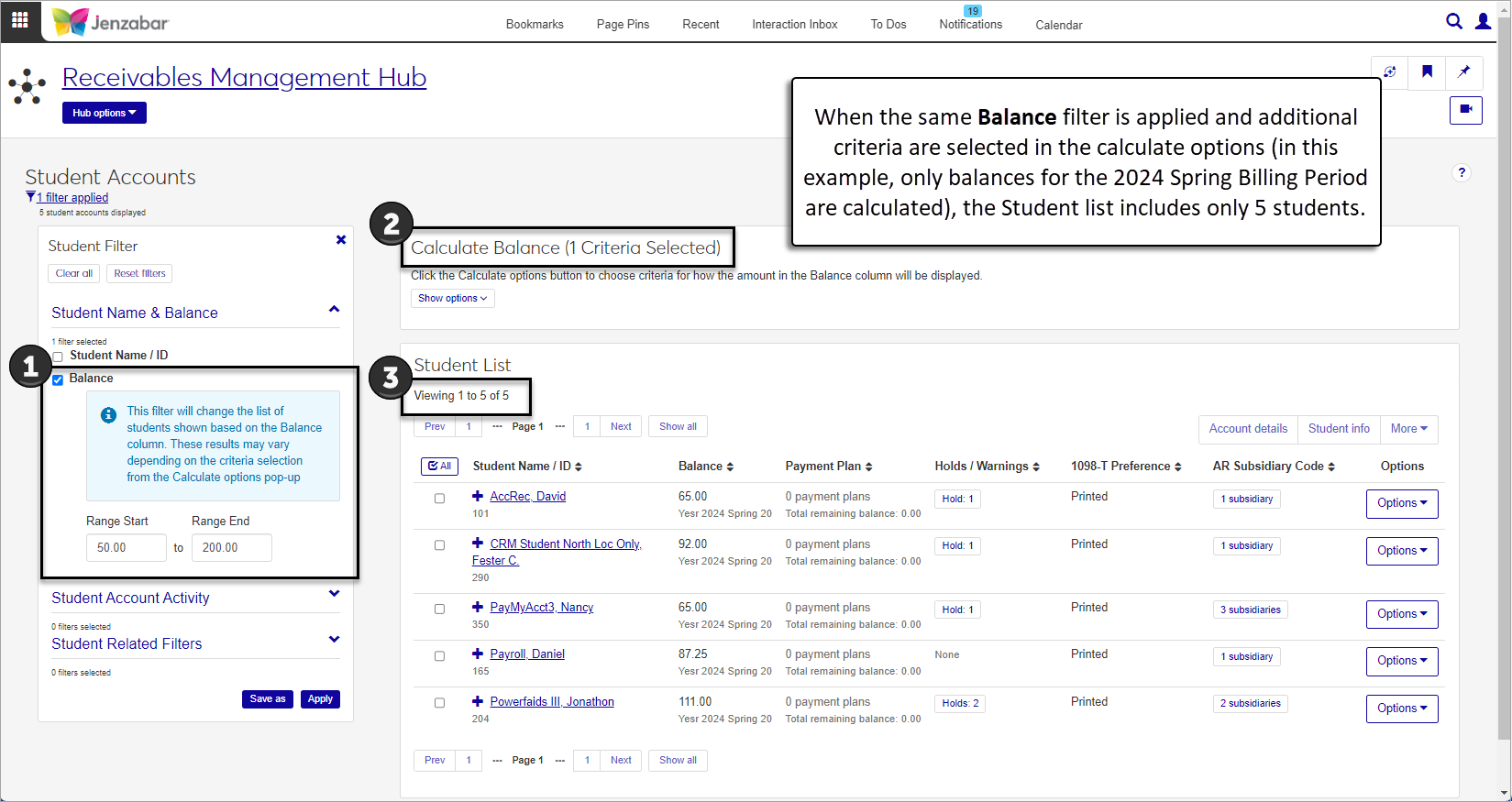Student Account list with the Balance filter applied and additional criteria used to calculate the balance. 5 students are in the list.
