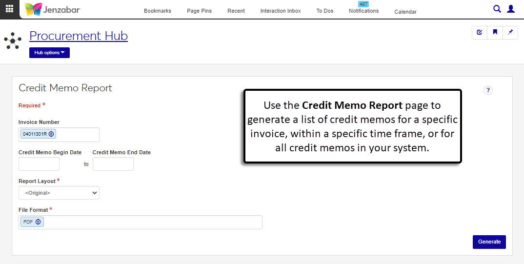 J1 Web Credit Memo Report page.
