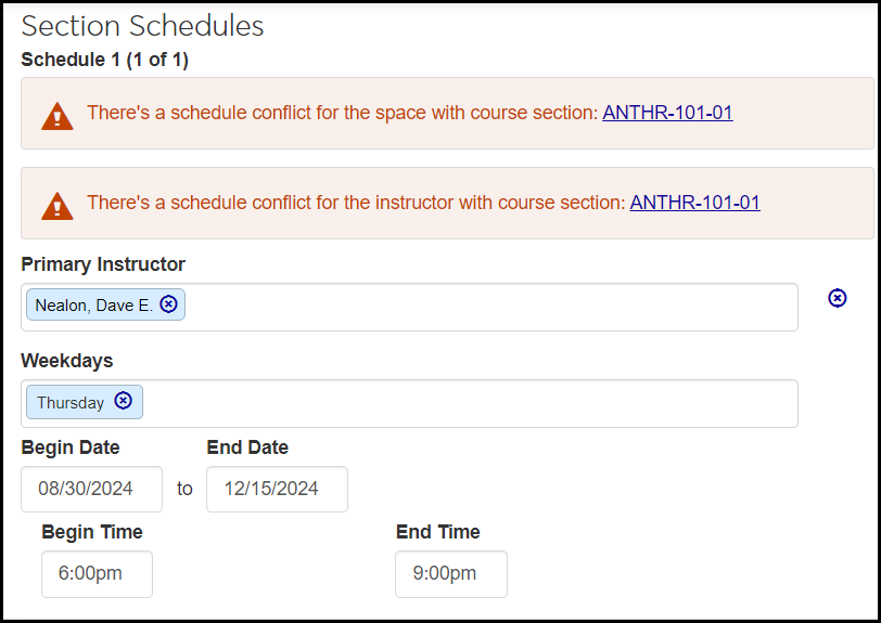 Schedule tab in Edit mode showing both a faculty conflict and a space conflict
