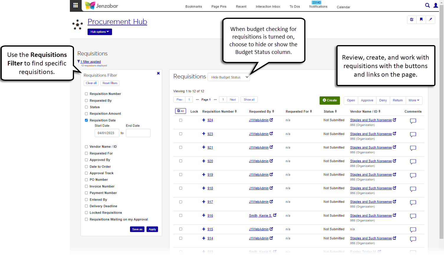 Requisitions list page with options to filter the list, open requisition details, approve, deny, or return requisitions, view budget status, and more.