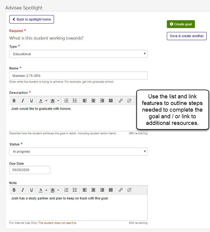 The Create Goal fields on the Advisee Spotlight page