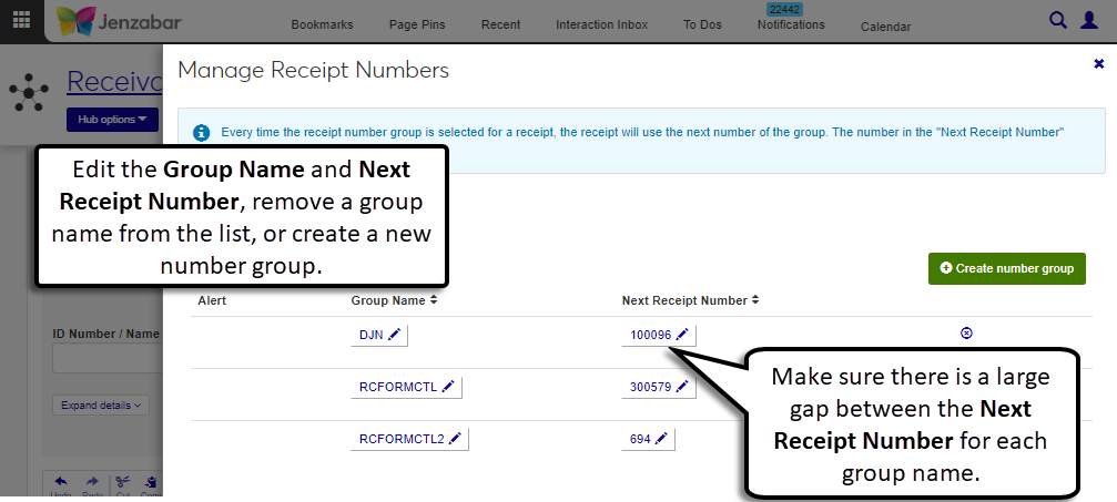 J1 Web Manage Receipt Numbers pop-up, which lists Group Name and Next Receipt Numbers.