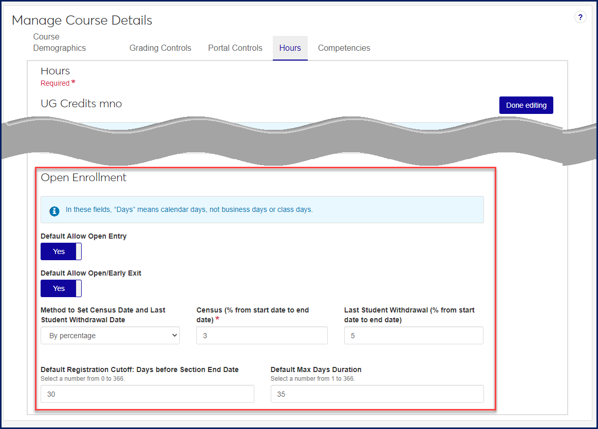 Manage Course Details page showing Open Enrollment fields