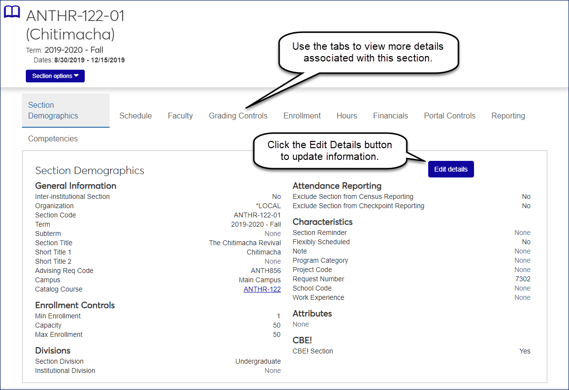 Manage Section Details page pointing out the tabs and the "Edit details" button