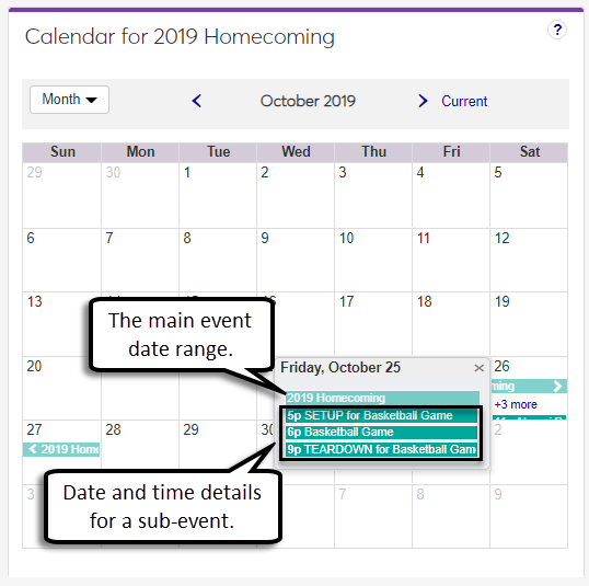 Event calendar for a multi-part event.