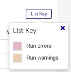 Interaction Run History page, list key to identify run errors with red and run warnings with orange.