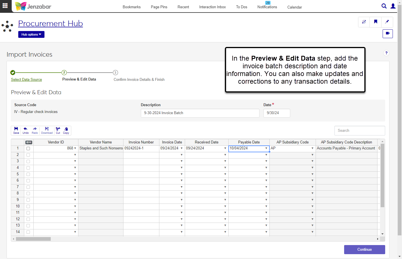 Step 2 of the import invoice process to review and update imported transaction data.