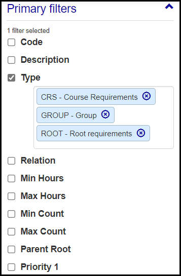 ARC filter showing the Primary filters with Type selected and three options chosen: Course Requirements, Group, and Root Requirements