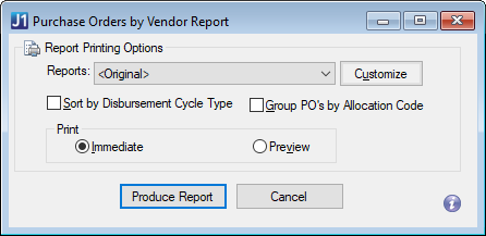 Desktop Purchase Orders by Vendor Report window.
