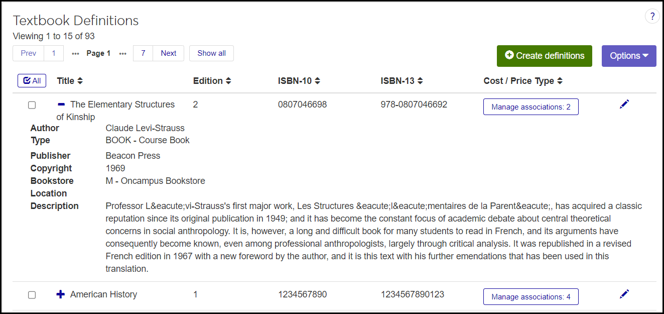 The Textbook Definitions page showing the list of textbooks with the first textbook's row expanded to see all the fields