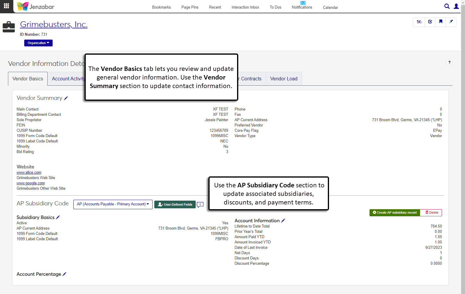 Vendor Information Details page, Vendor Basics tab. The top Vendor Summary section manages contact information, and the bottom AP Subsidiary Code section manages vendor terms, discounts, and 1099 defaults for the associated subsidiary codes.
