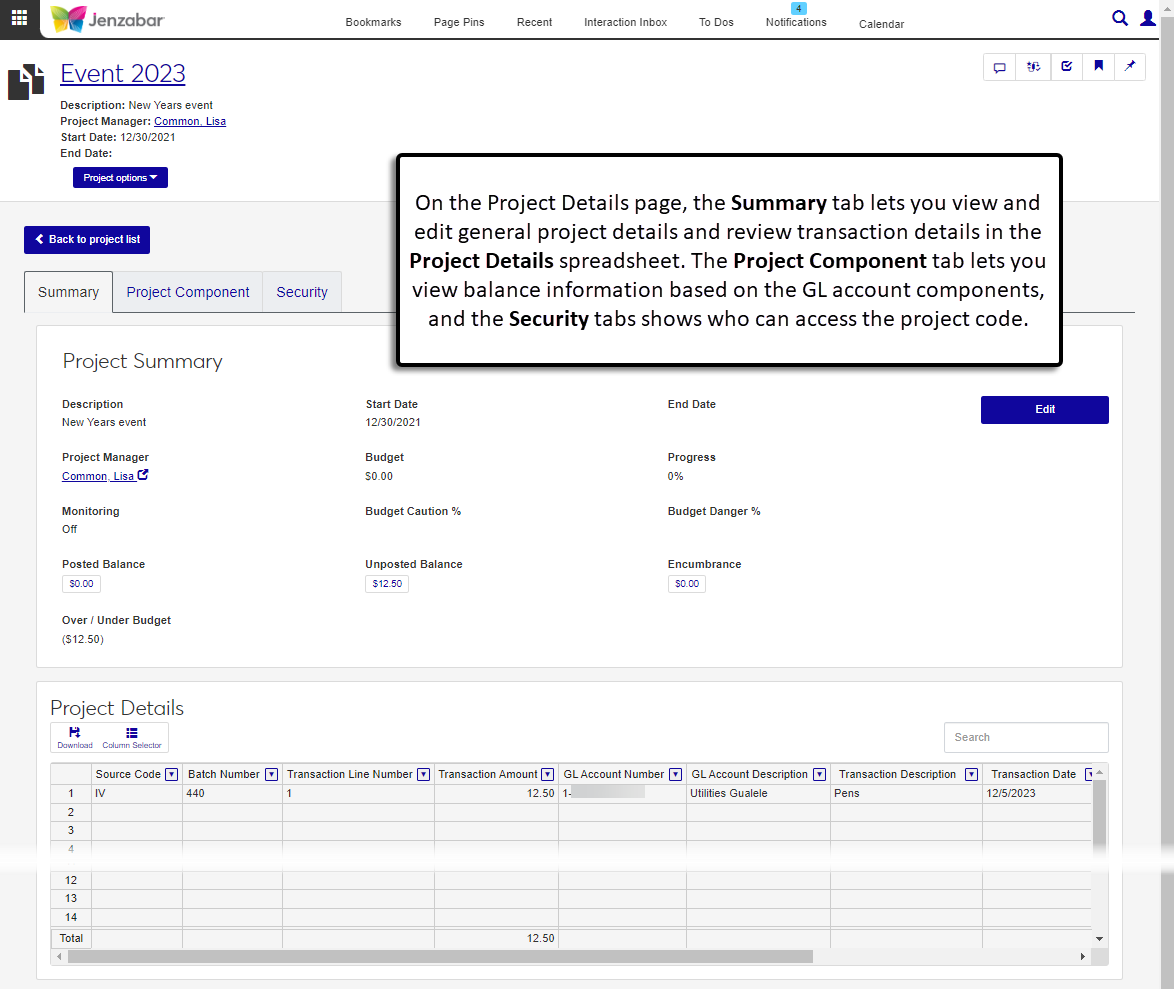 Project Details page with the Summary tab open to view general information and project activity.