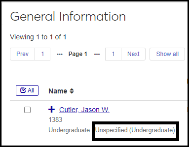Classification in J1 Web in the Registration Operations hub, General Student Information page