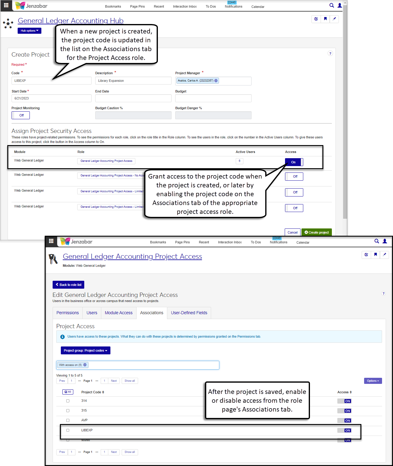 Create Project page and Project Access role page, both displaying how access to the project code is enabled.