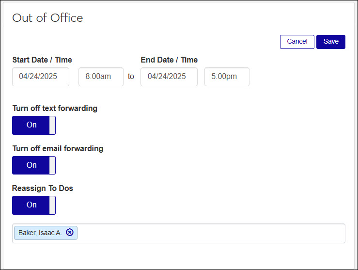 Screenshot of My General Settings, Out of Office options for out of office notifications and To Do reassigning