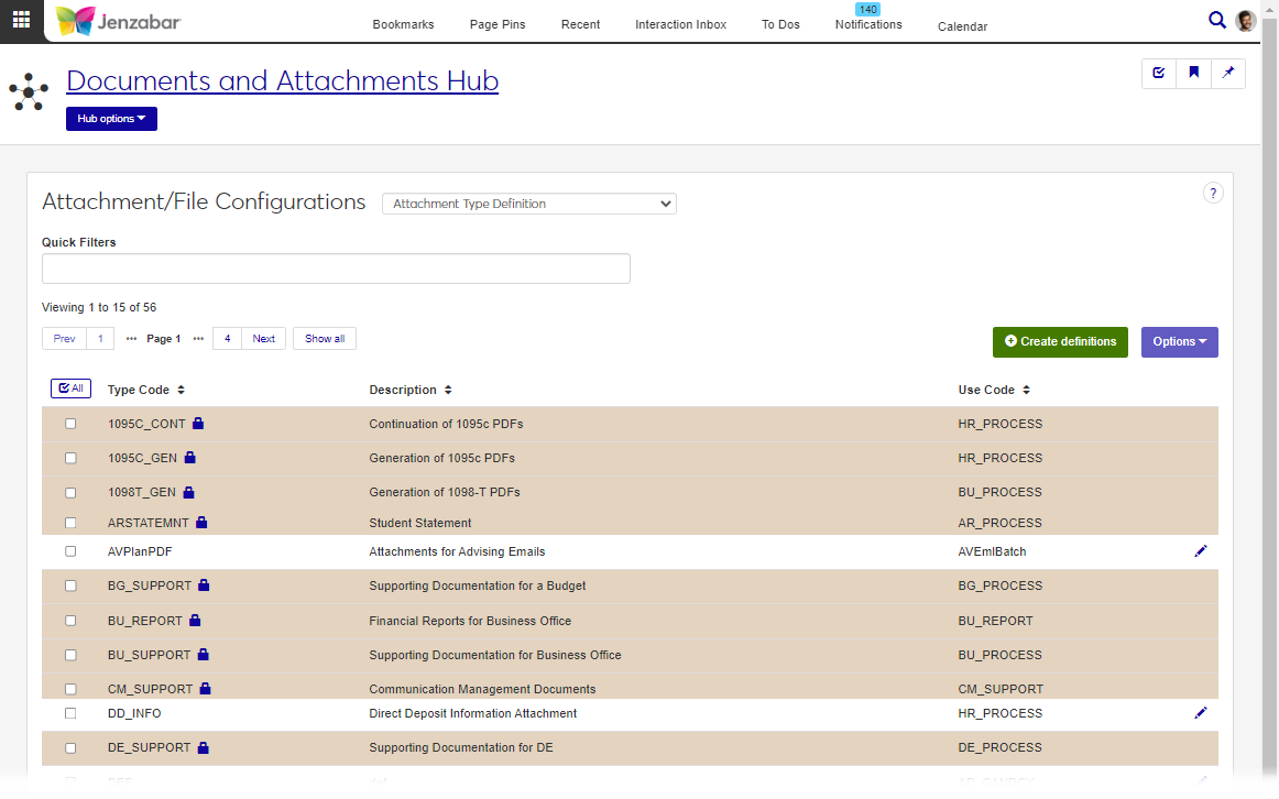 Attachment Type Definition list page.