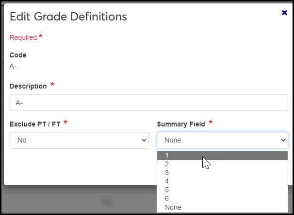 Edit Grade Definition window showing the value "1" selected in the Summary Field