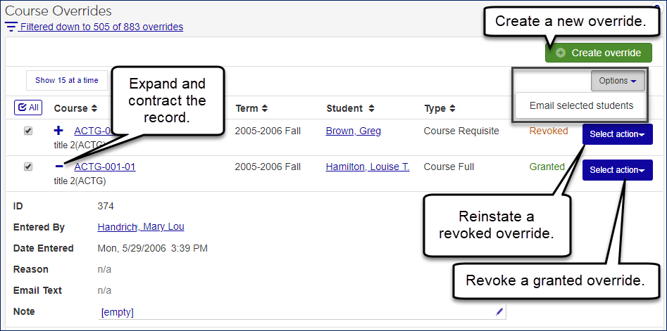 Course Overrides showing the "Create override" button and the "Select action" button where you can reinstate a revoked override or revoke a granted override