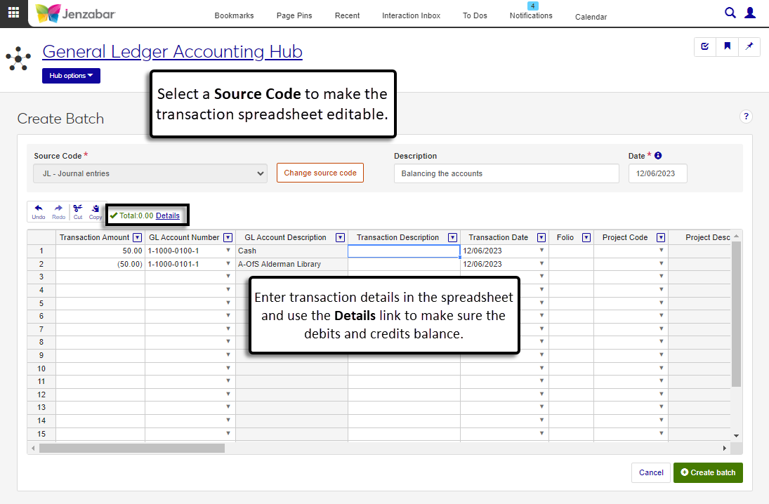 Create Batch page with Source Code and date in the header and a transaction details spreadsheet below.