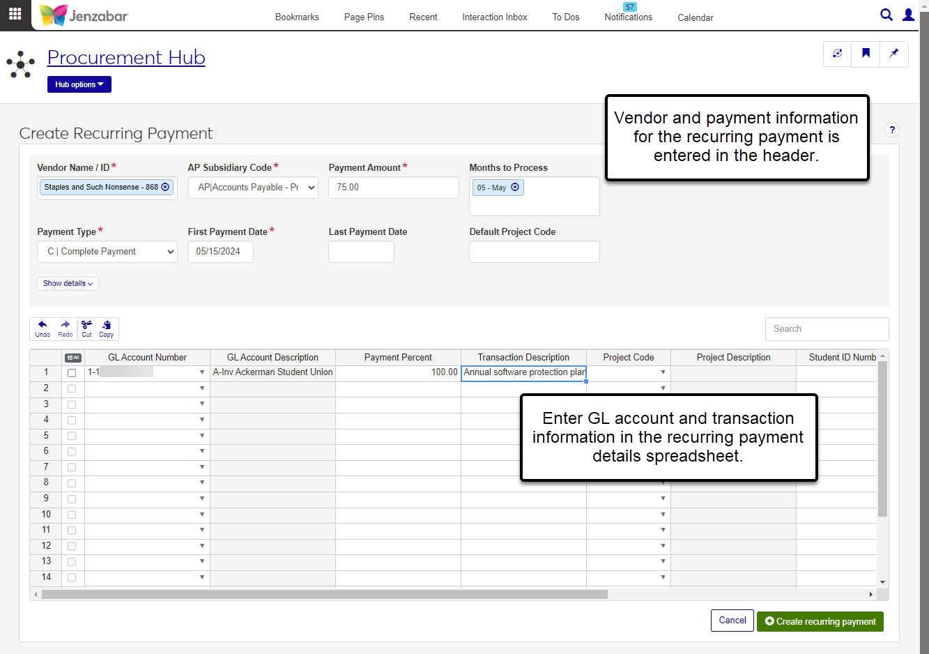 The Create Recurring Payment page with the header and transaction spreadsheet.