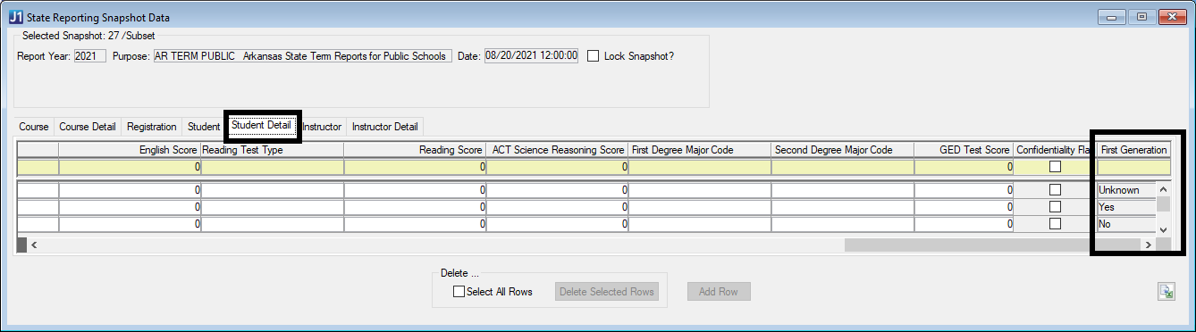 State Reporting Snapshot Data window, Student Detail tab showing First Generation column on the far right