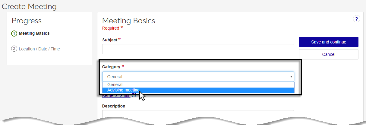 The Create meeting wizard meeting basics page with the category options displayed.