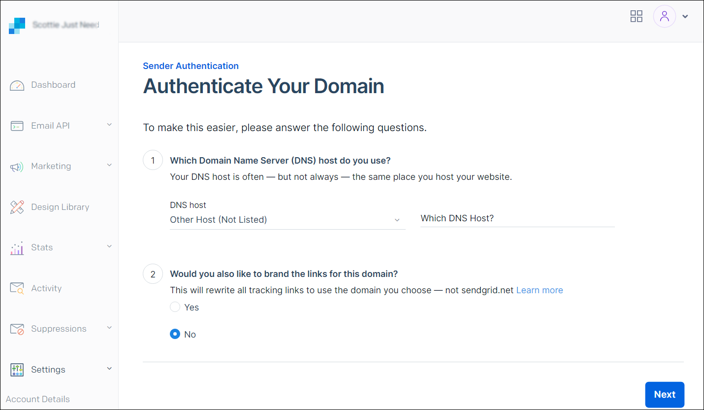 SendGrid setup Sender Authentication window.