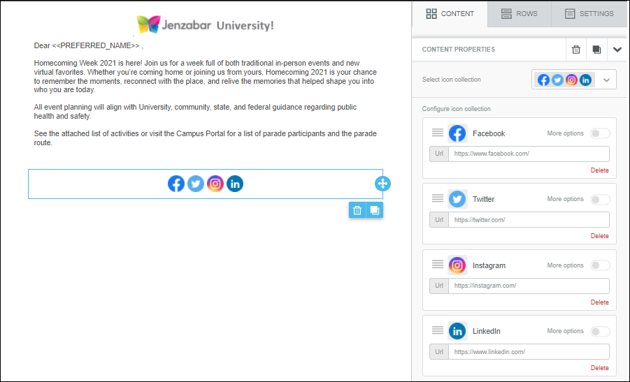 Social Media settings for email template definitions.