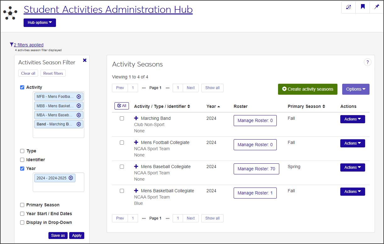 Activity Seasons page