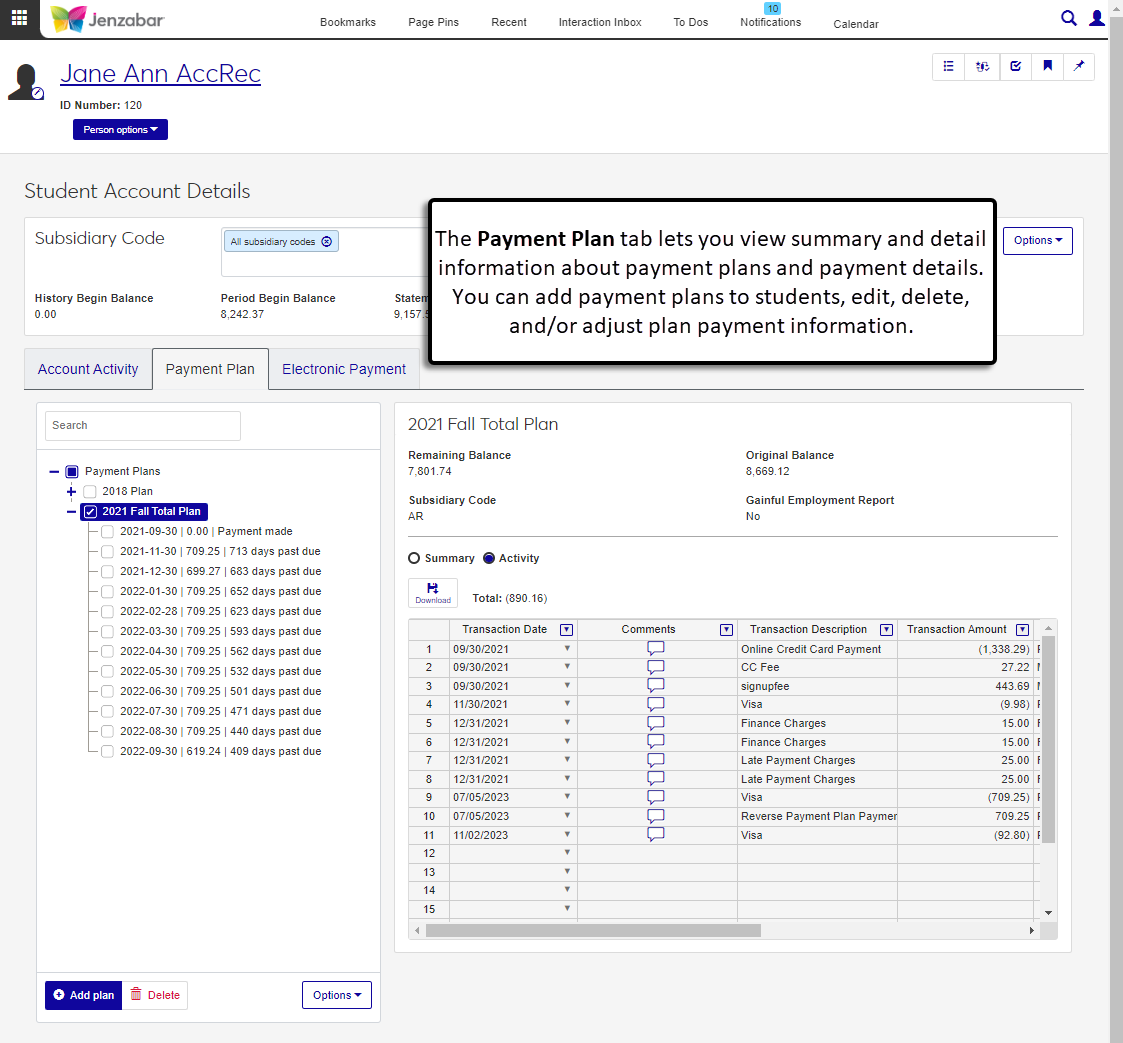 Student account details page, Payment Plan tab.