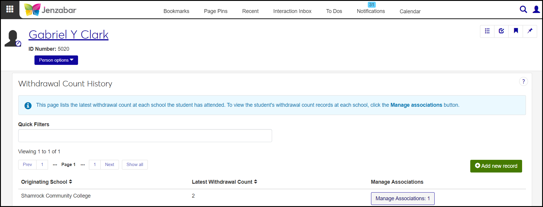 Withdrawal Count History page showing a student with 2 course withdrawals from a previous institution