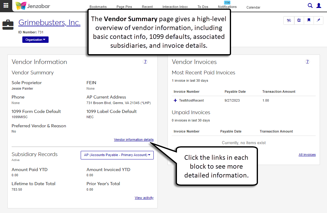Vendor Summary page.