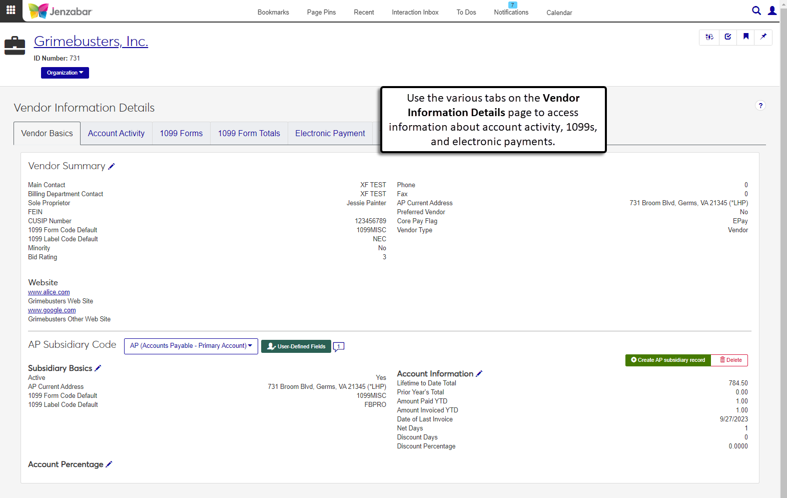 Vendor Information Details page with different tabs to access information about account activity, 1099 forms, and electronic payments.