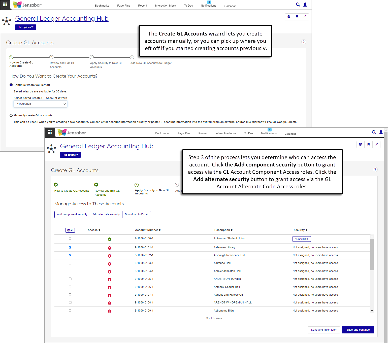Create GL Account wizard with Step 1 and Step 3 highlighted. Step 1 lets you create accounts manually or picks up where you left off, and Step 3 lets you determine which roles have access to the new accounts.
