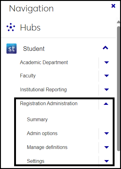 J1 Web Navigation showing the Student menu with the Registration Administration hub expanded