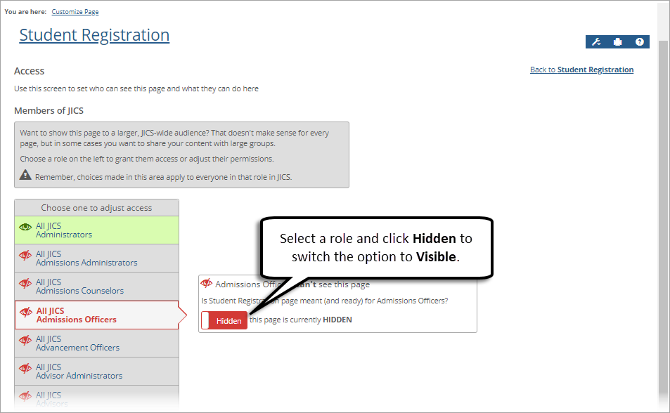 Role access options for a feature page.