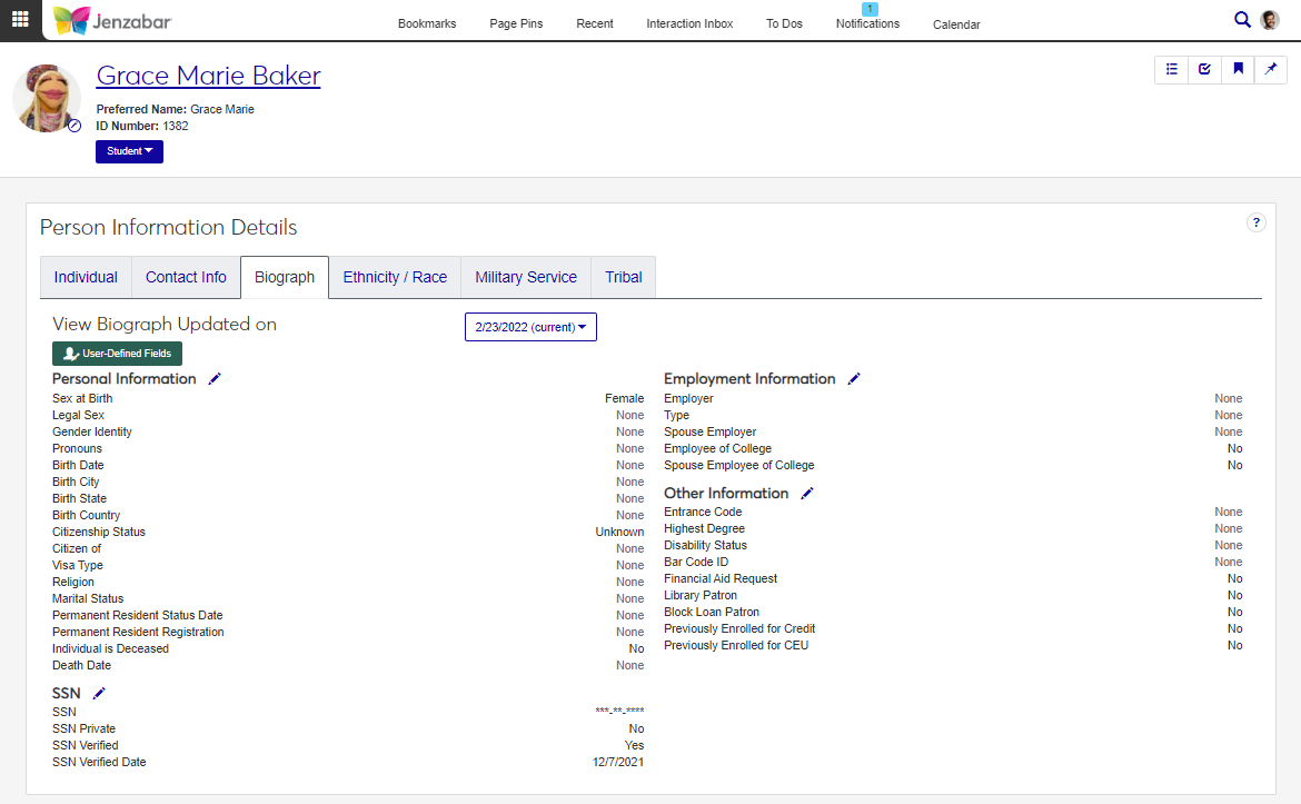 J1 Web Person Information Details page, Biograph tab.