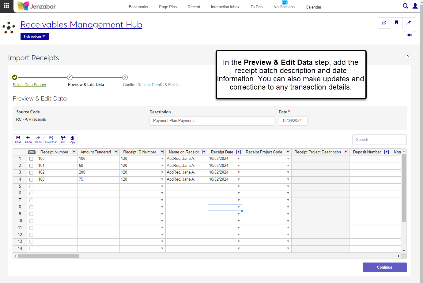 The Preview & Edit Data step of the Import Receipts wizard. Enter batch description and date at the top and update transaction details in the spreadsheet below.
