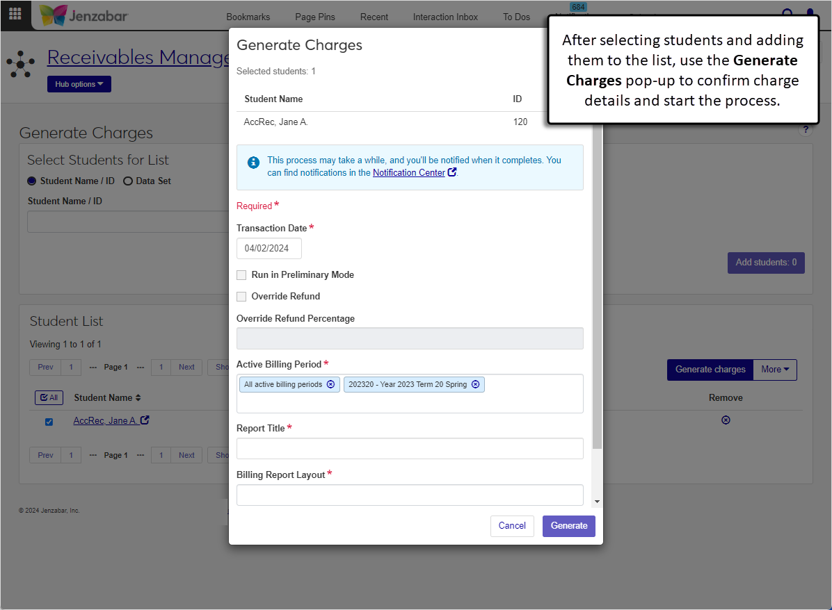 J1 Web Generate Charges page.