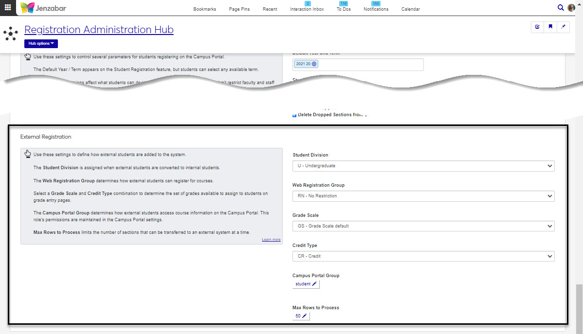 Registration Settings page, external registration section.