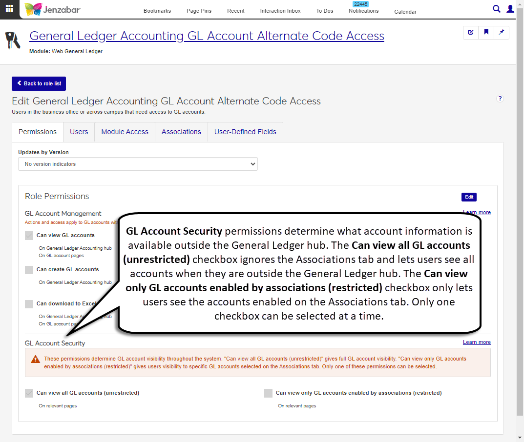 General Ledger Accounting GL Account Alternate Code Access role permissions page, with GL Account Security section highlighted.