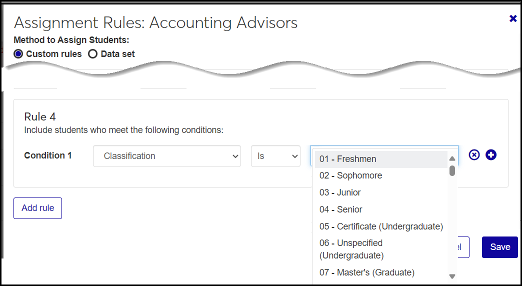 The Assignment Rules pop-up showing a condition: Classification is Freshmen