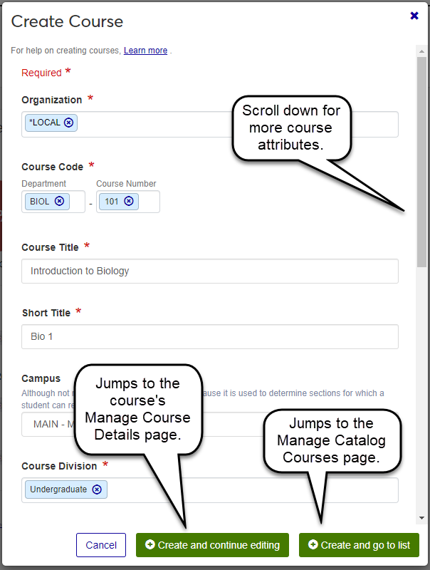 Create Course pop-up showing the scroll bar and two options: 1) Create and continue editing. 2) Create and go to list.