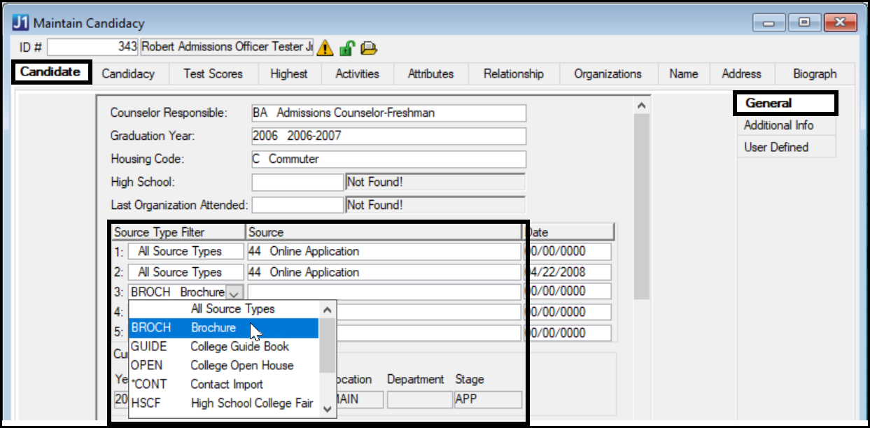 Maintain Candidacy window in Desktop, Candidate tab, General subtab, showing source types and sources