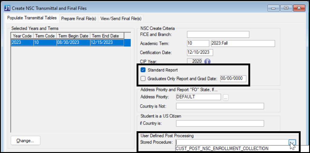Create NSC Transmittal and Final Files window showing the Standard Report checkbox selected and the Stored Procedure drop-down expanded