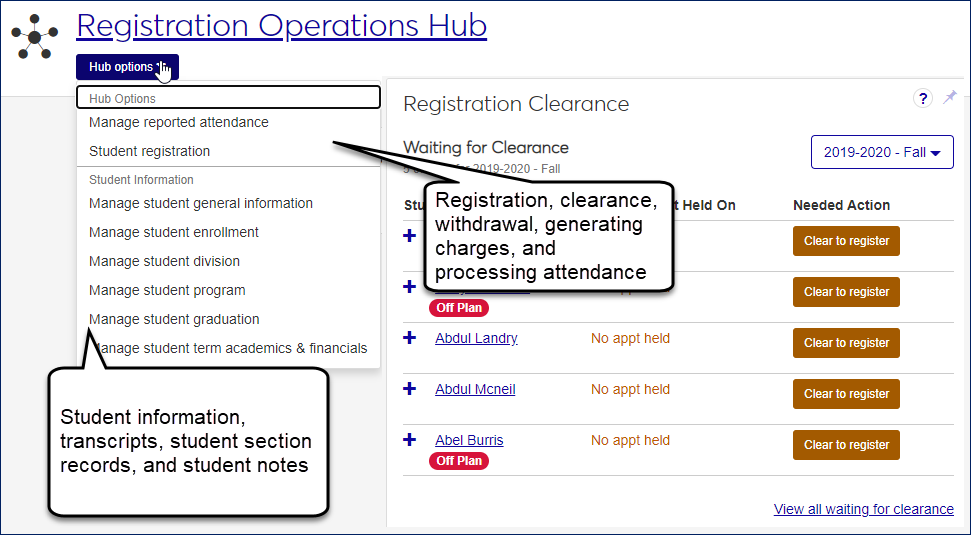 Registration Operations hub showing the Hub options expanded. Registration tasks are in the top part of the drop-down; student information tasks are in the bottom.